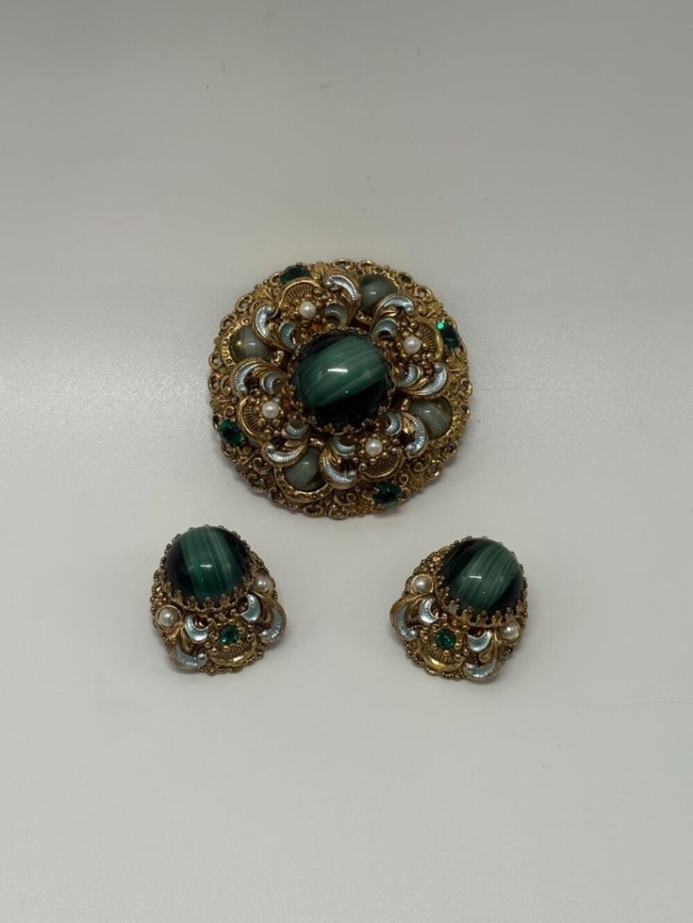 W. Germany Gold/Green Vintage 1950s Layered Filigree Brooch & Earrings Set